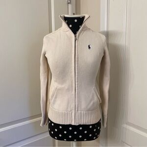 Ralph Lauren Cream Zip-Up Cotton Sweater with Navy Pony